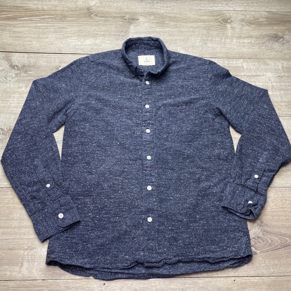 La Paz Shirt Mens Small Blue Textured Long Sleeve Button Down Made in Portugal